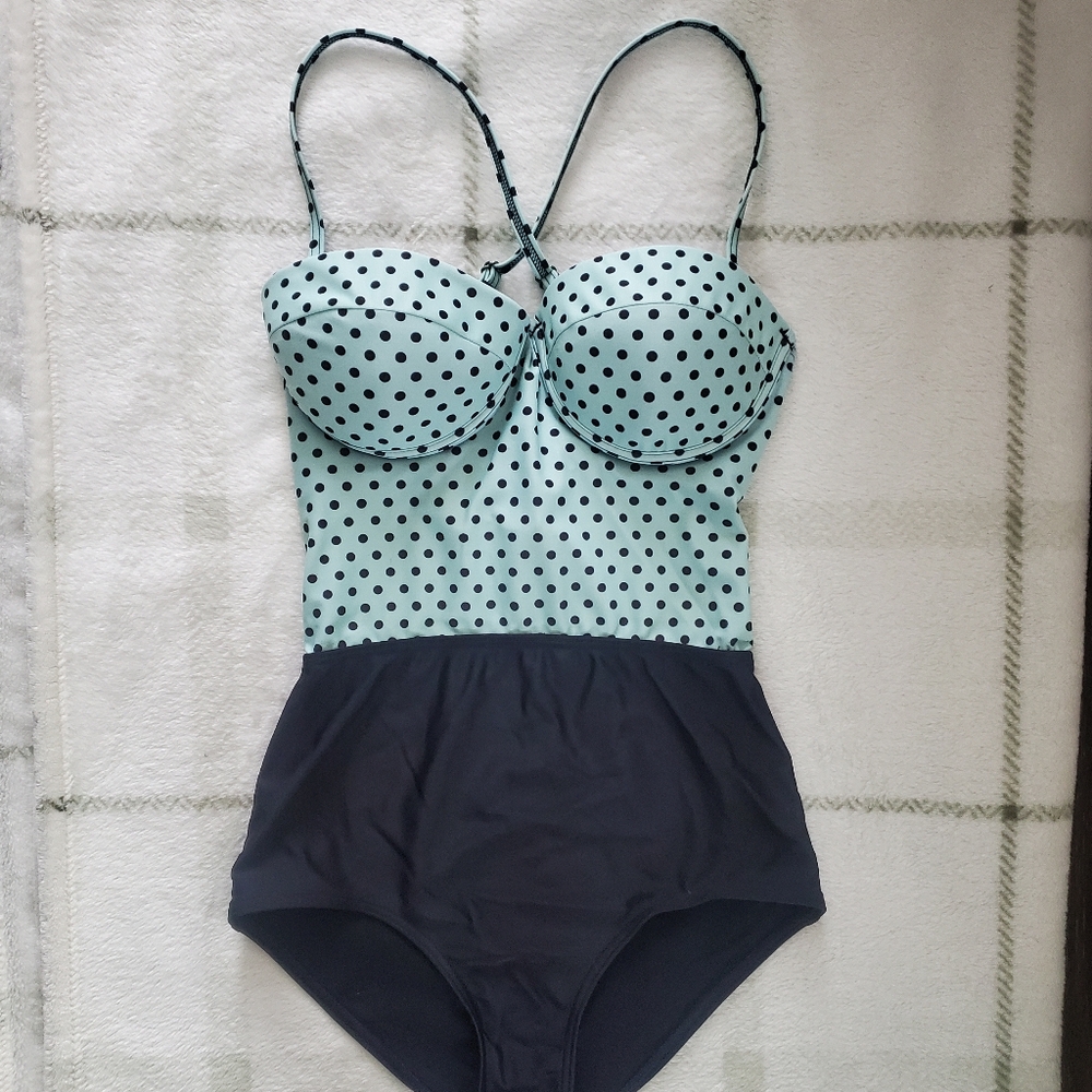 Modcloth Mint & Black Polka Dot One-Piece Swimsuit XS